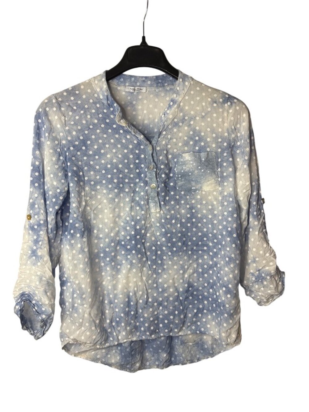 Angela Mara Top Size L Blue White Polka Dots Sequin Pocket Viscose Made in Italy